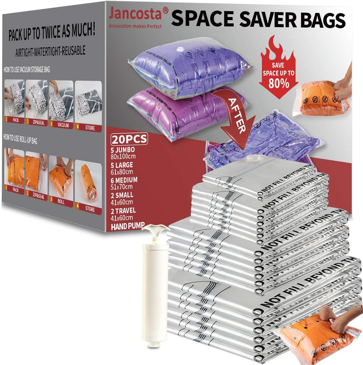 Jancosta 20 Combo Space Saver Bags, 20 Pack [2 Small, 6 Medium, 5 Large, 5 Jumbo，2 Compression bags] Vacuum Storage Bags for Clothes (20 Combo)