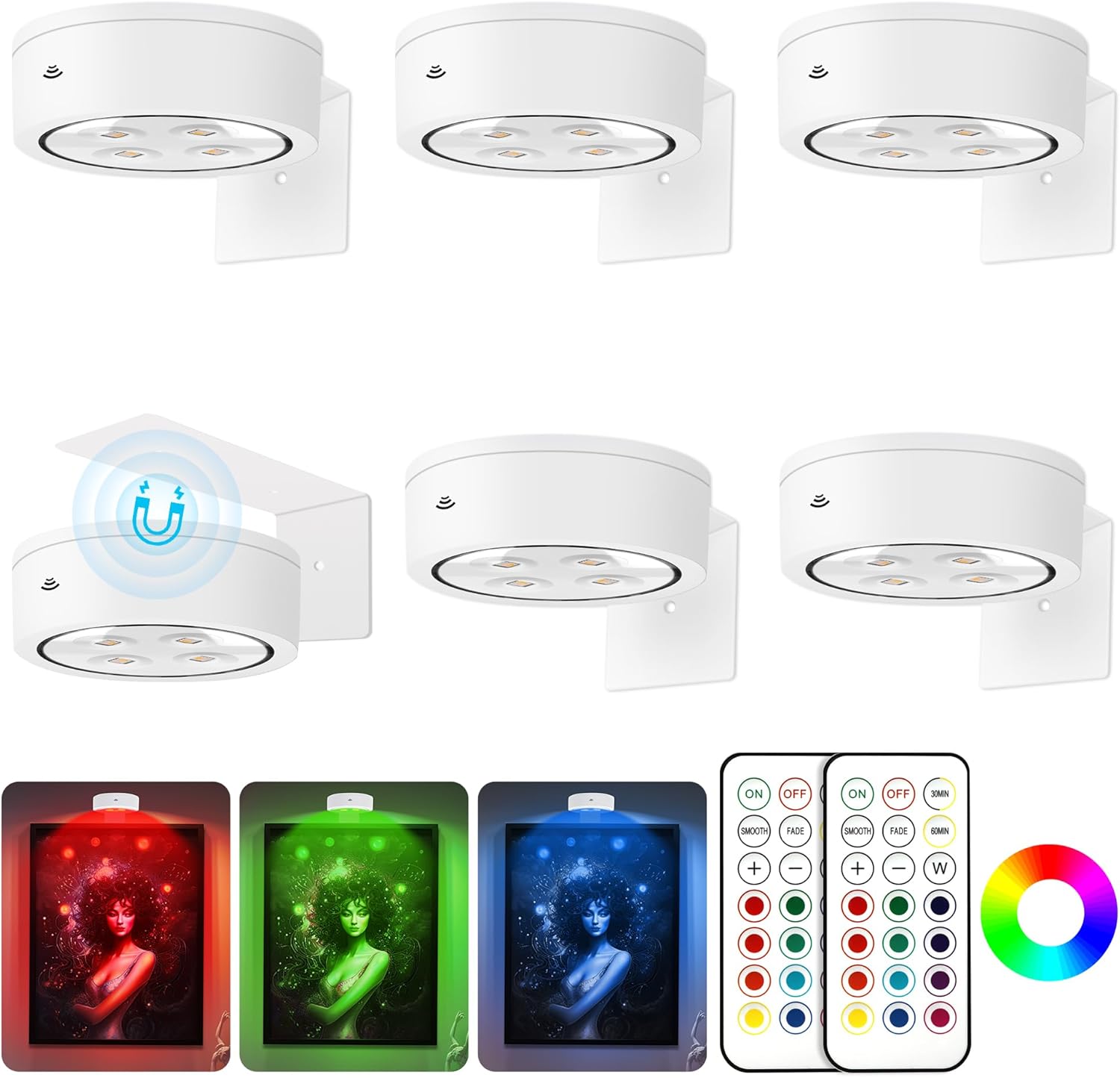 6Pcs Picture Light Battery Operated, 13 RGB Color Led Art