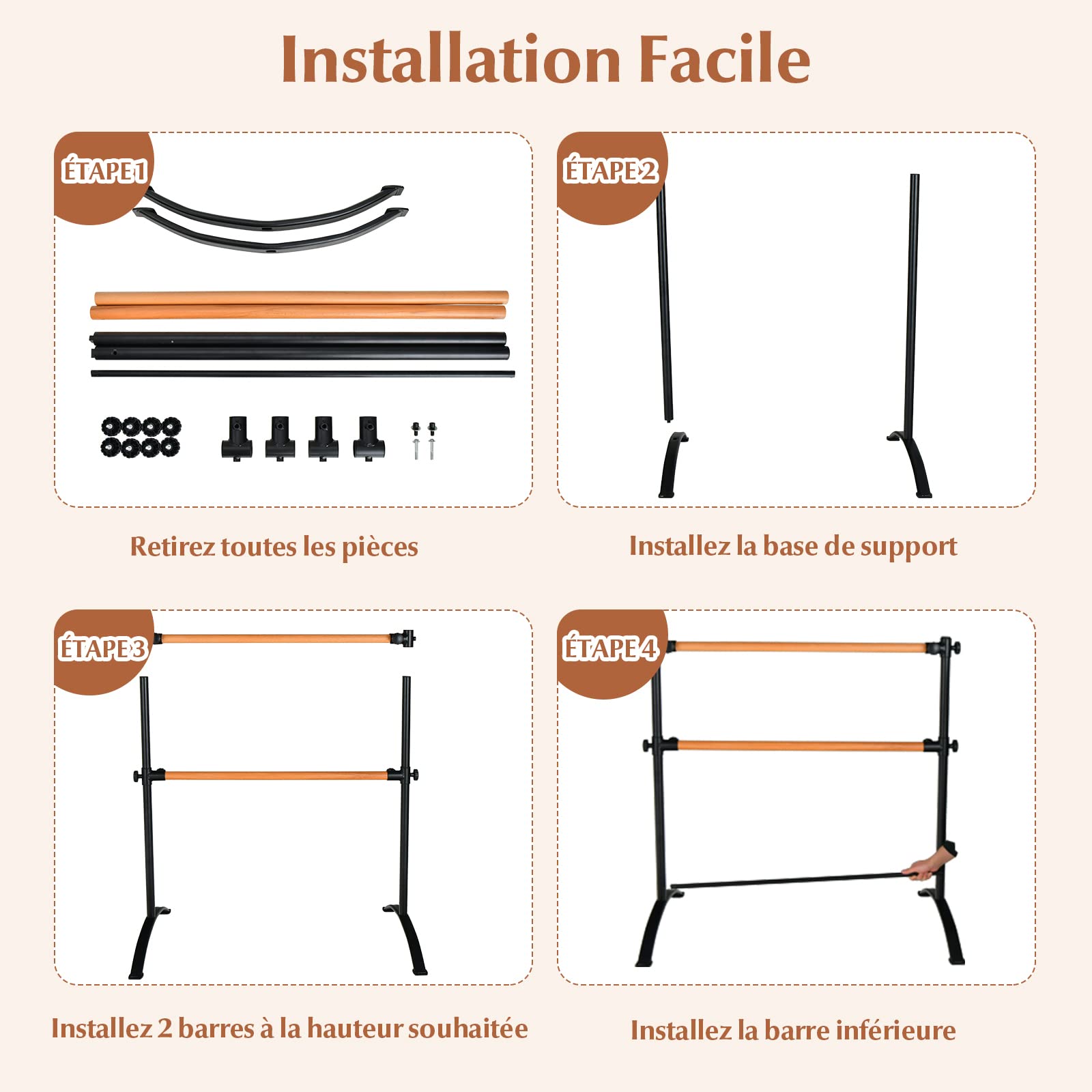 COSTWAY Barre de Danse Classique Double Autoportante pour Enfants Adultes, Barre de Ballet sur Pied 120 cm Hauteur Réglable Ø 38 mm en Bois de Hêtre Pose Libre pour Yoga, Exercice