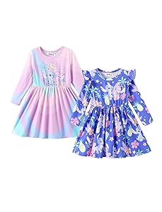 Disney Frozen Elsa Stitch Princess Minnie Mouse Toddler Girl Dresses 2 Pack Ruffle Long Sleeve Dress Set (3 Months - 6 Years)