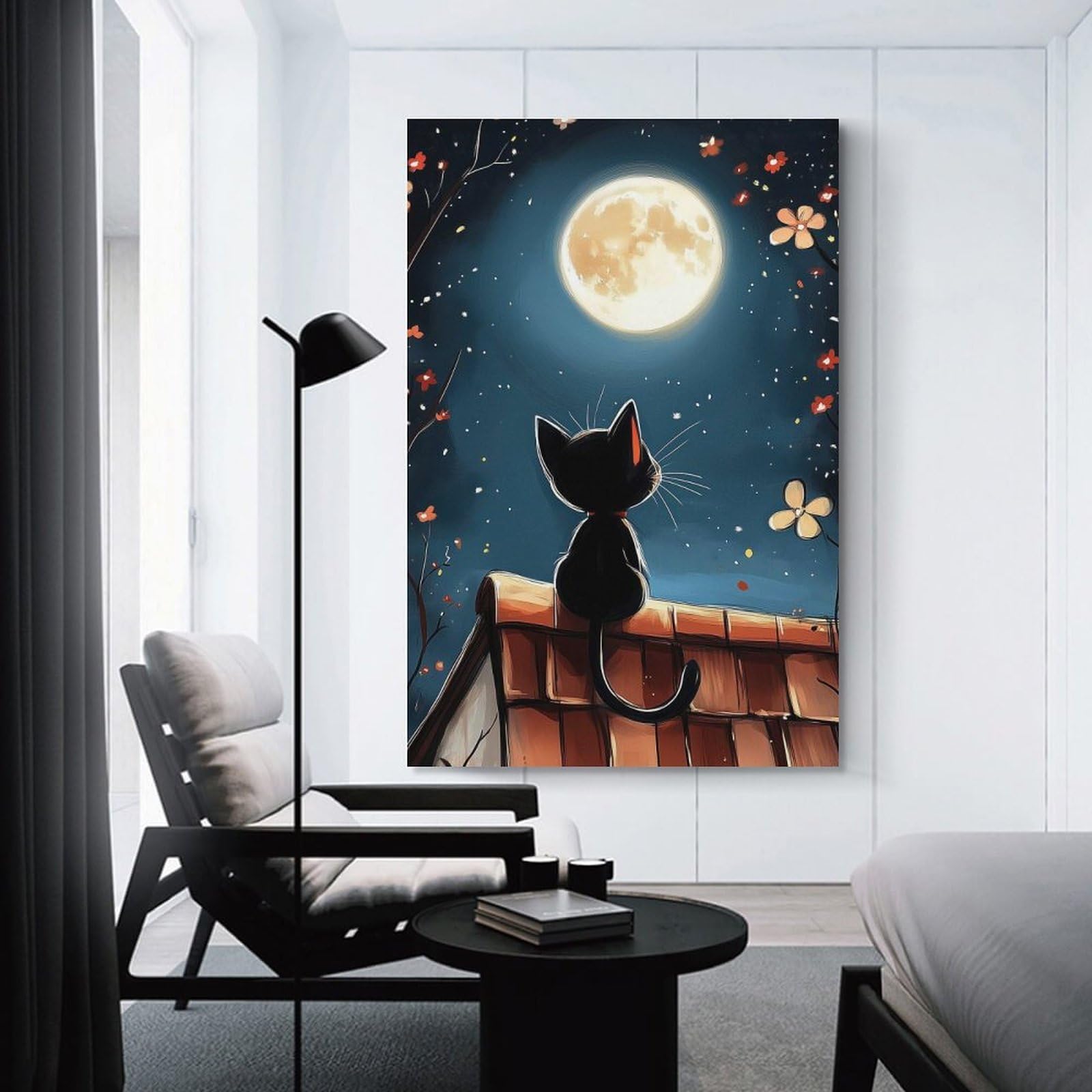 Junmoney Black Cat Under Full Moon Wall Art Print, 16x24inch(40x60cm), for Study, Office Or Focused Interiors, Home Office Artwork with Decorative Appeal