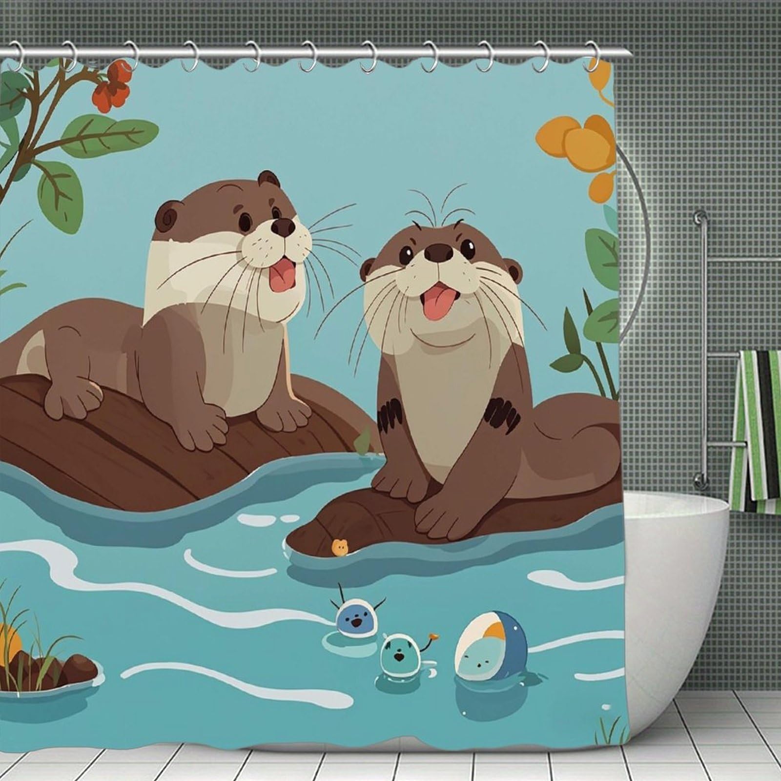 FekiLoot Otters Shower Curtain Minimalist Thick Bathroom Curtain Washable Modern Bathroom Shower Curtain Heavy Duty Waterproof Cloth Bath Curtain with Hooks 70.8"x70.8"