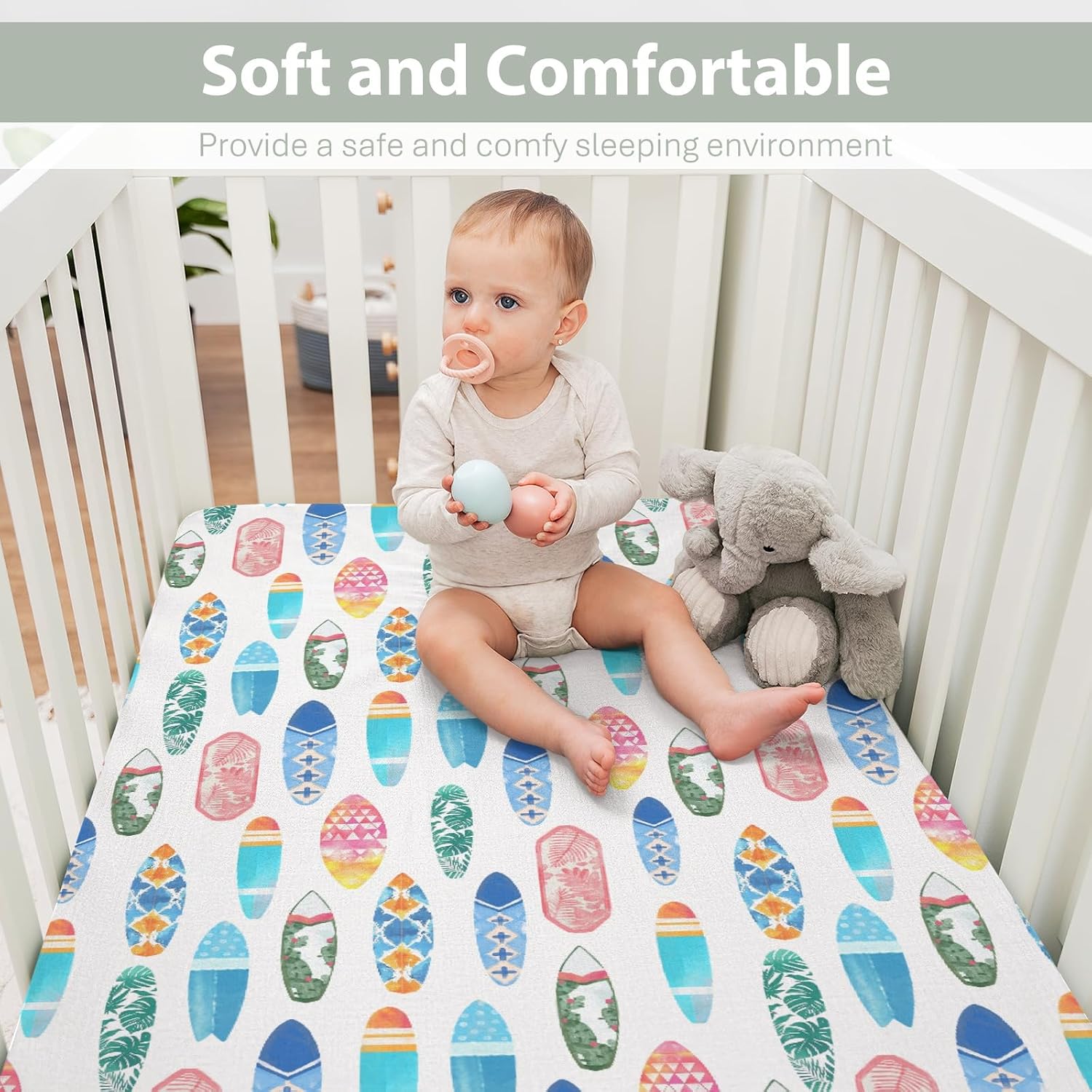 Colorful Surfboards Baby Crib Sheets for Boy Girl 52x28Inch Summer Surfing Soft Stretchy Fitted Crib Mattress Cover Boho Beach Vacation Travel Nursery Baby Sheet for Standard Crib & Toddler Mattress