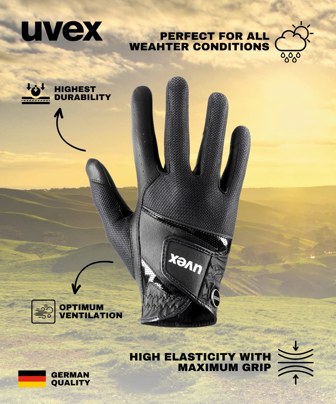 uvex sumair - elastyczne rękawiczki jeździeckie unisex - trwałe - optymalna wentylacja - black - 8