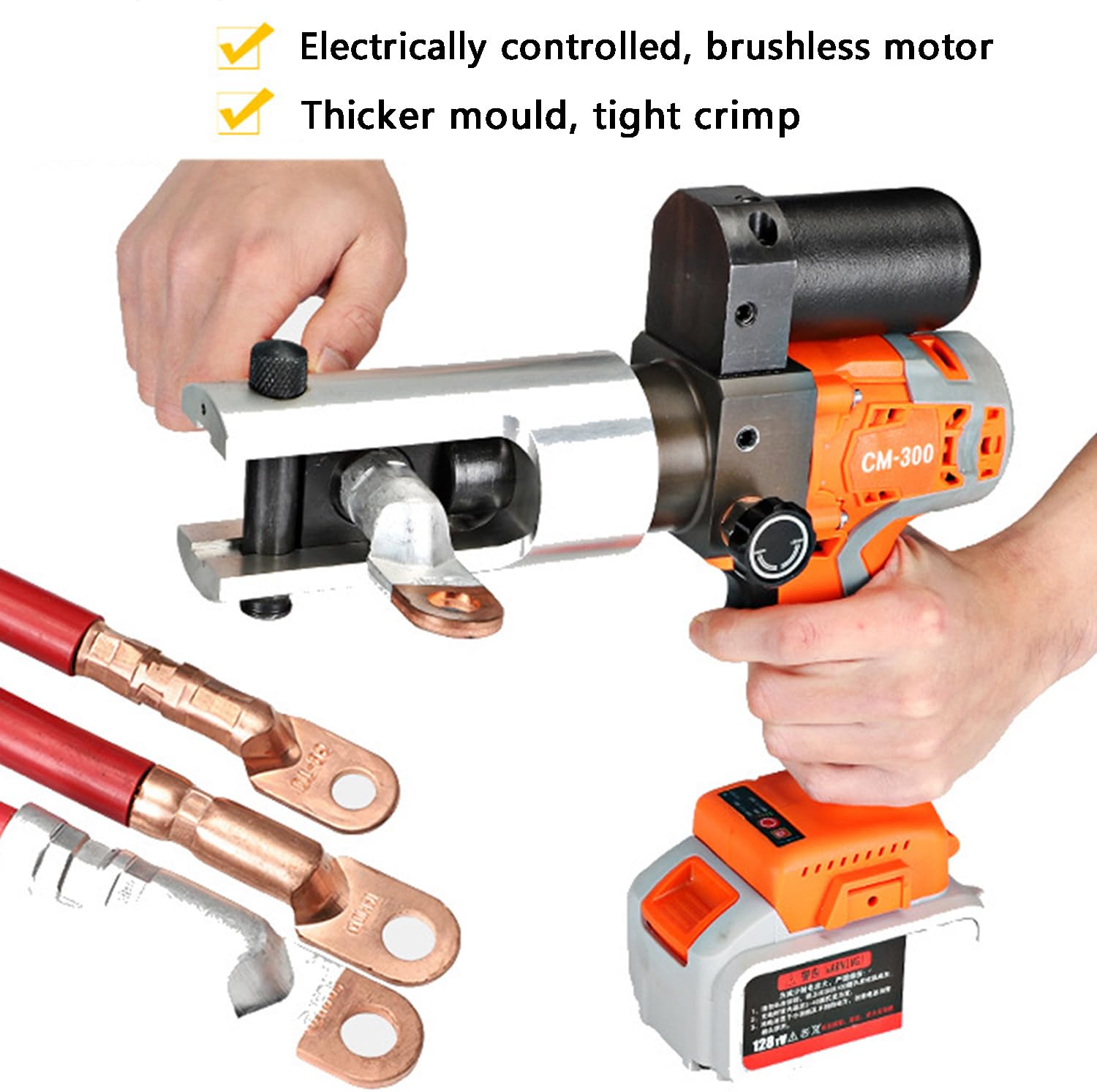 Pinza crimpatrice idraulica elettrica, alimentata a batteria, 16-300 mm², ricaricabile con morsetti rotanti a 360°, coppia 380 Nm, ideale per applicazioni di crimpatura dei cavi
