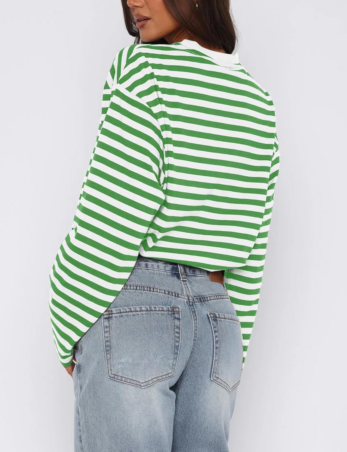 Vivitulip Women’s Casual Striped Sweatshirt Relaxed Fit Round Neck Long Sleeve Drawstring Cropped Pullover Tops - Image 2