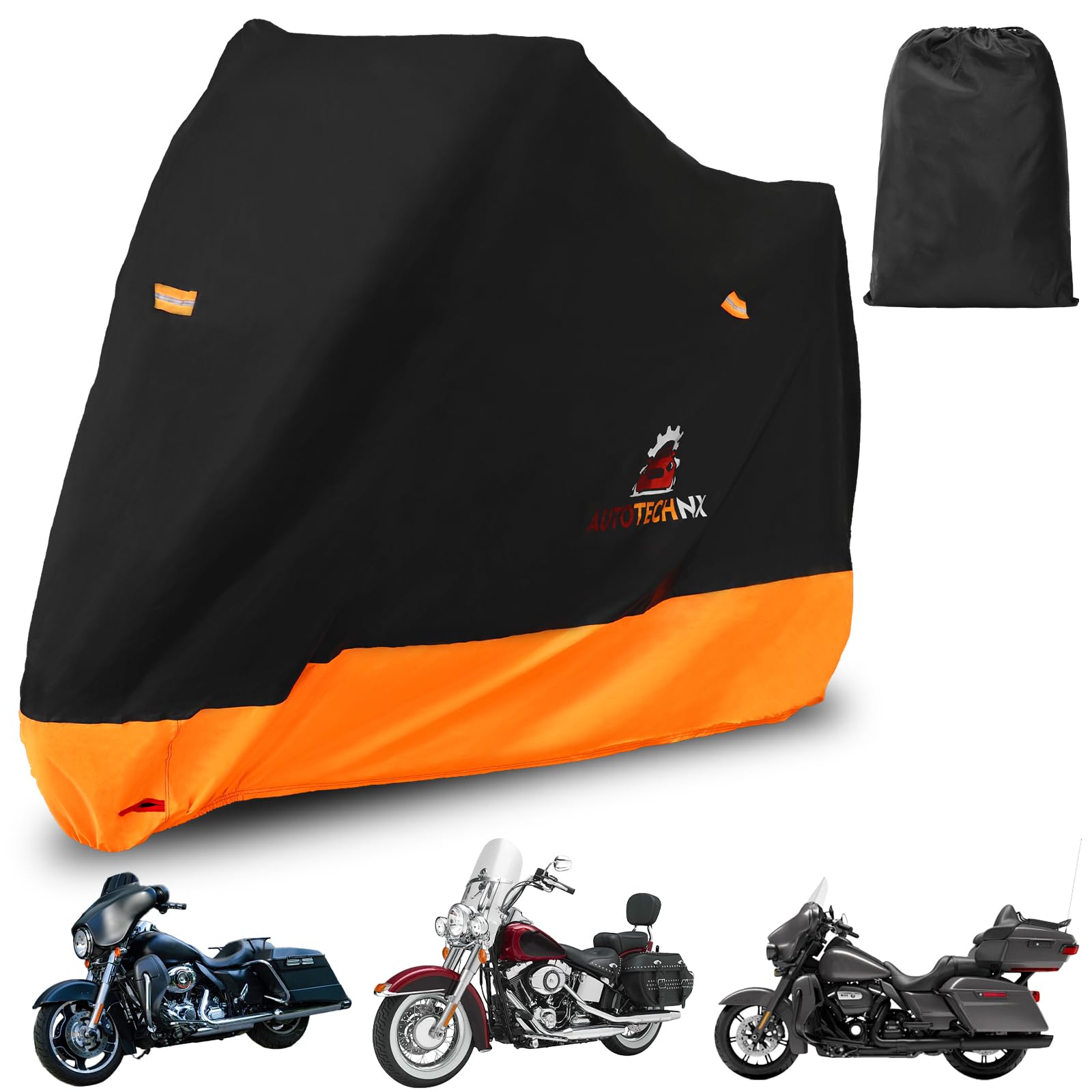 600D Motorcycle Cover Waterproof Outdoor All Season Universal Weather Protection Durable Scooter Cover with Reflective Strips Lock Holes Storage Bag for Harley Davidson Road Glide Low Rider(2XL)