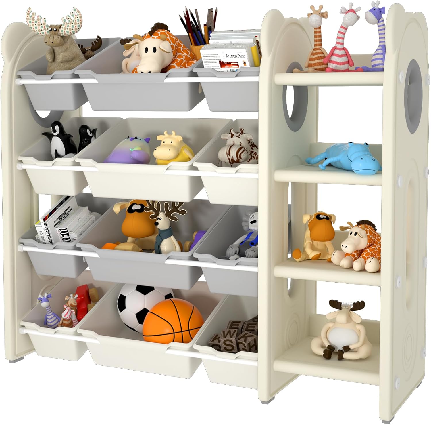 Kids Toy Storage Organizer with 12 Removable Plastic Bins, Modern Toy Organizer Kids Book Rack Storage Bookshelf,Kids and Toddler Toy Storage for Playroom,Daycare and Nursery,4 Tiers