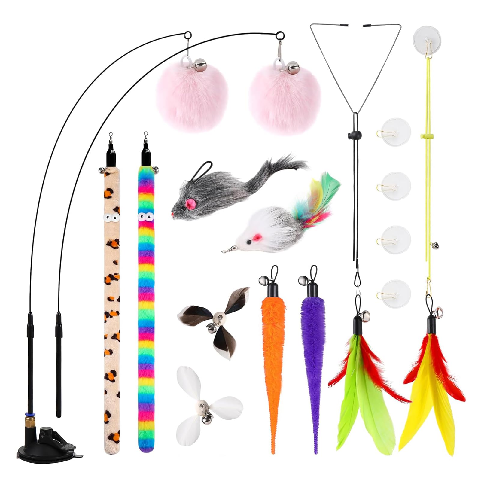 Tharvolex 4-in-1 Interactive Cat Feather Toys Set,12Pcs Durable Cat Fishing Pole & Suction Cup Toys, 2 Door Hanging String Toys for Indoor Kittens