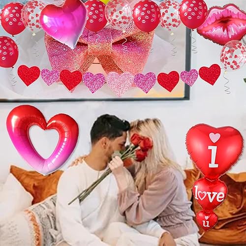 Miniatura 4 de Heukikt Juego de globos para el día de San Valentín, globos con texto en inglés "I Love You" y kit de globos de corazón con labios rojos, globos de