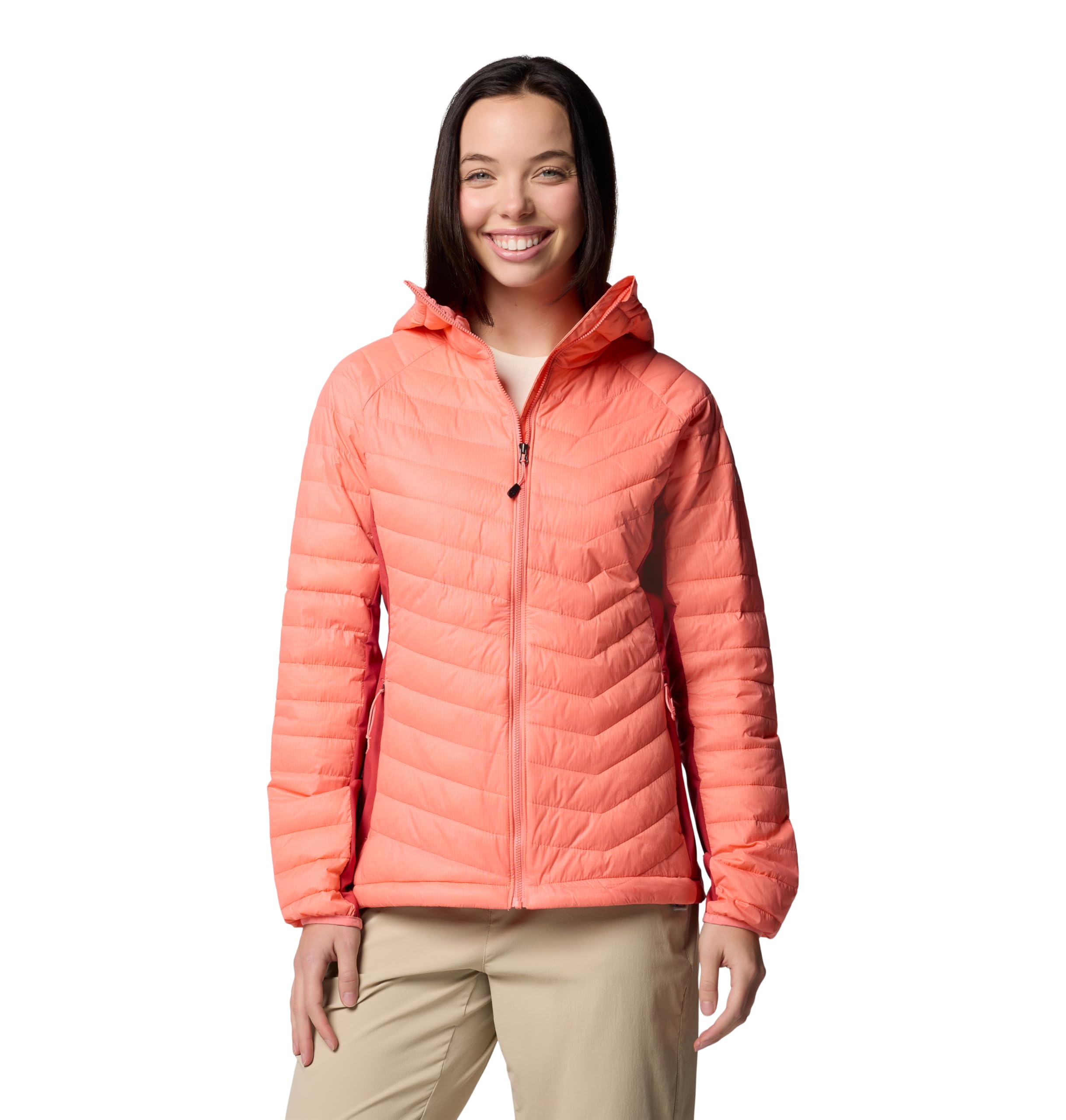 Columbia Women's Powder Pass 2 Hybrid Hooded Jacket, Hooded Puffer Jacket, Alpenglow/Daredevil, S