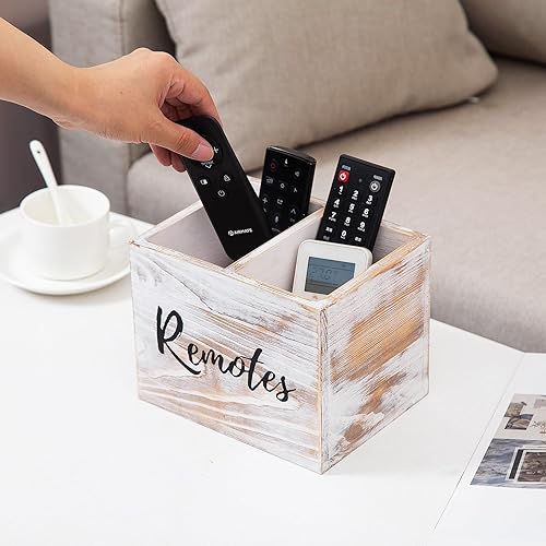 Miniatura 5 de Soporte rústico de dos ranuras para control remoto de madera encalada, organizador de mesa, escritorio, caja de almacenamiento de madera,