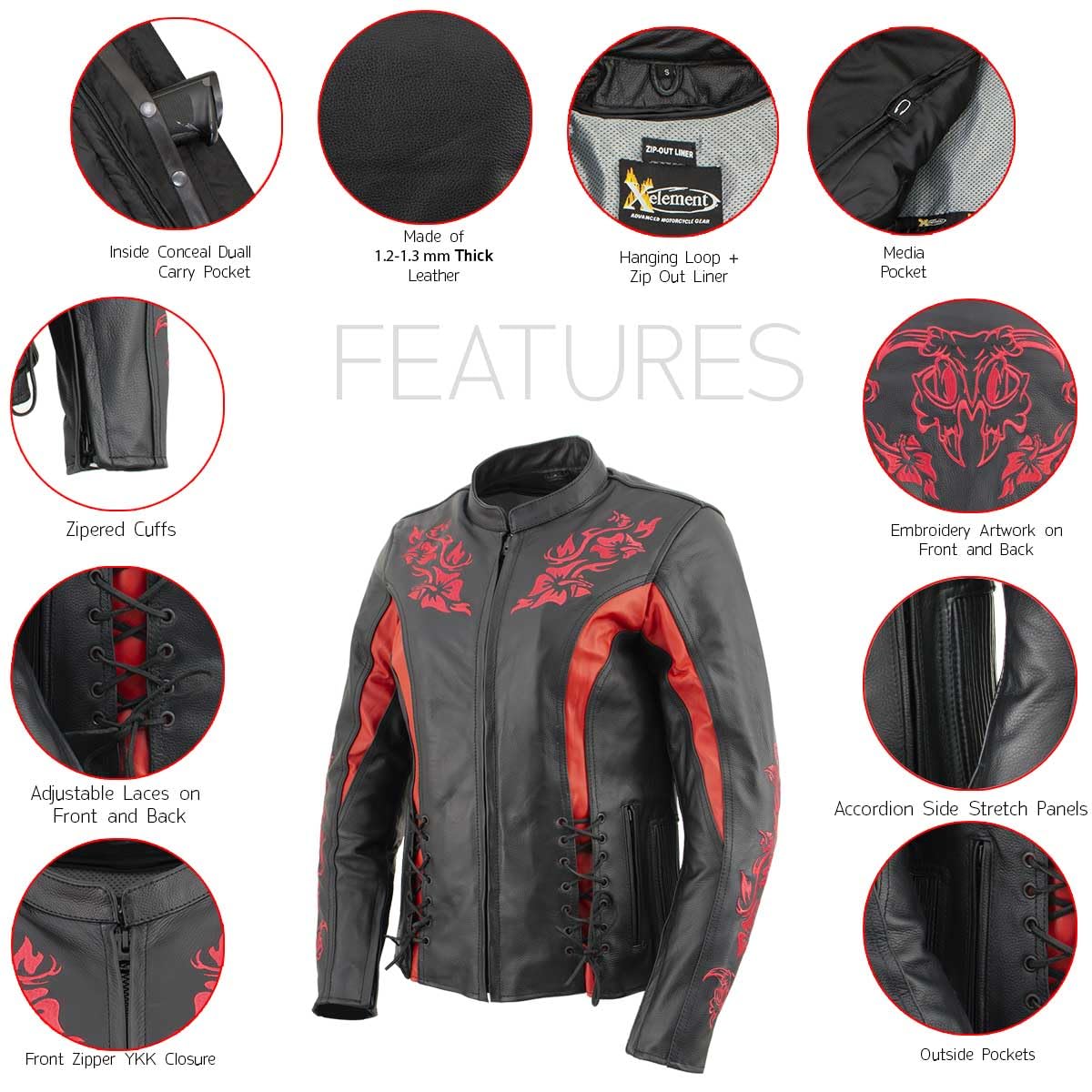 Xelement Women's Leather Motorcycle Jacket - Red and Black Armored Street Bike Jacket for Women - XS2029 (Large)