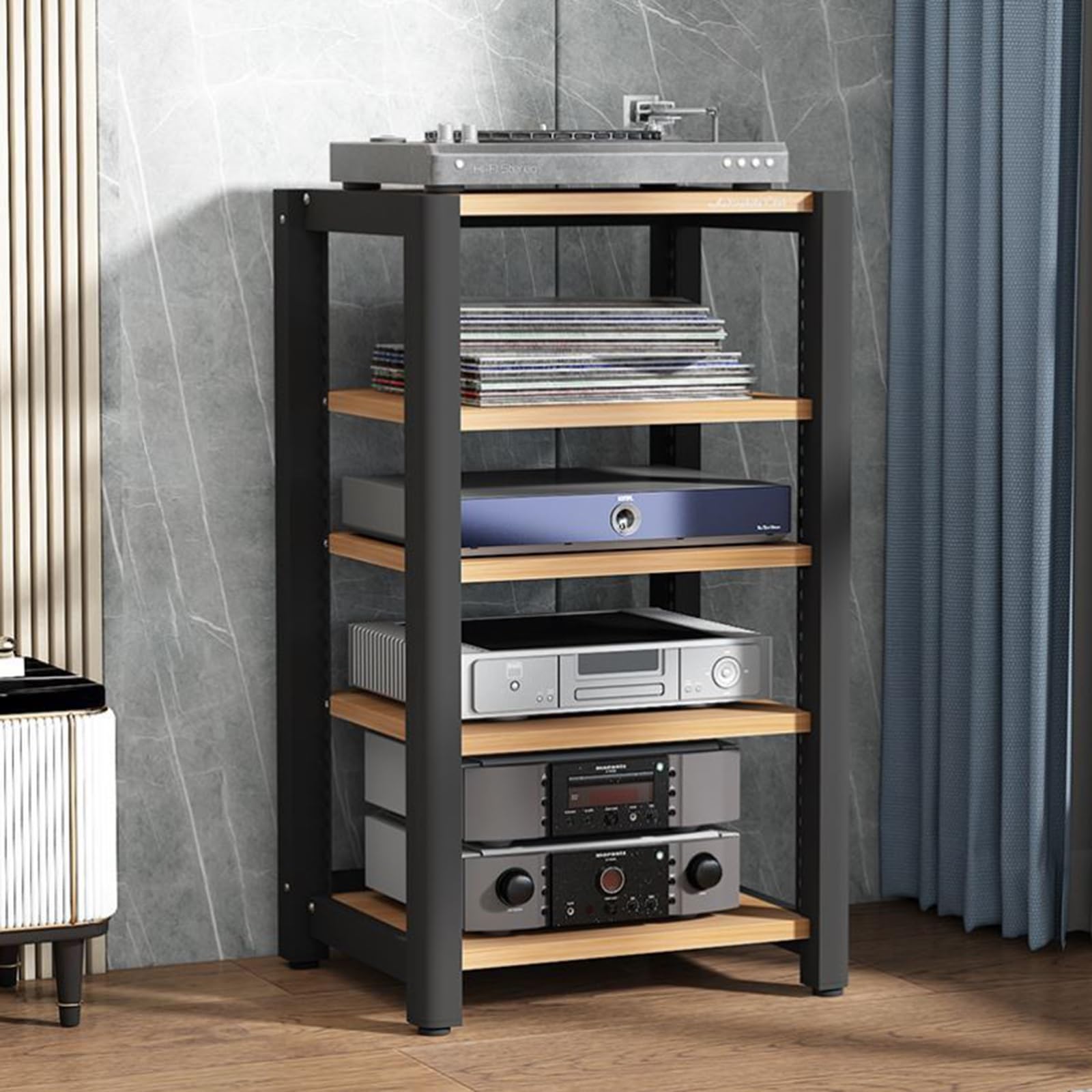 Soporte AV de 4 niveles para discos de vinilo y juegos, estante esquinero móvil, color negro profundo, 60 x 50 x 60 cm, elegante solución de reproducción de discos
