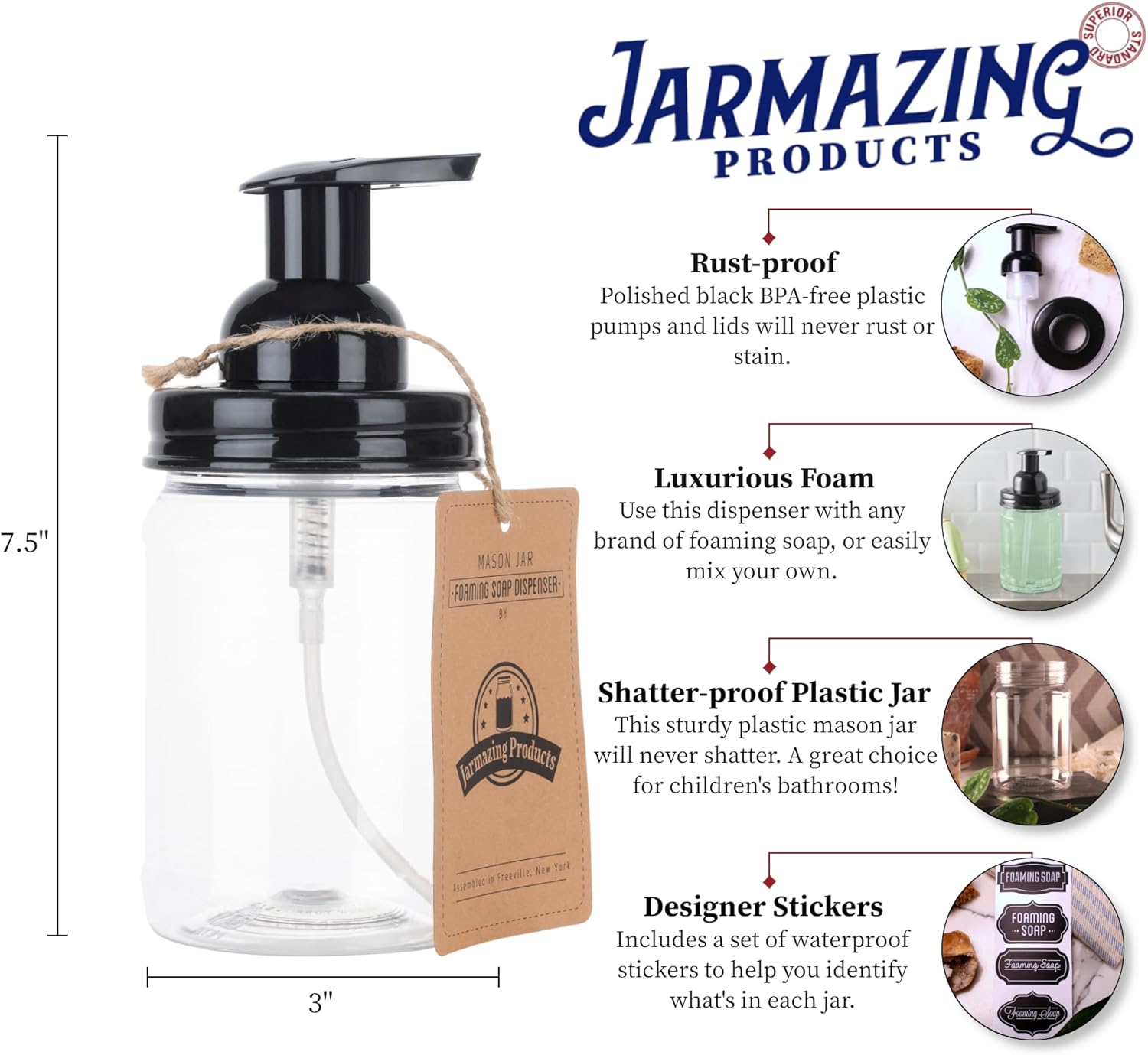 Jarmazing Products Mason Jar Foaming Soap Dispenser - Black - with 16 Ounce Plastic Mason Jar - Two Pack! - Image 2