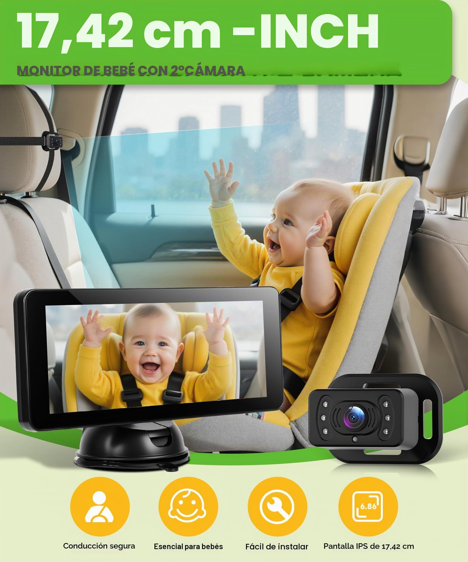 VECHTEL Dual Cámara Bebé Asiento Trasero HD 720P Espejo Retrovisor Bebé Coche Pantalla 6.86",Cámara de seguridad con visión nocturna giratoria de 360° para el espejo del asiento del coche