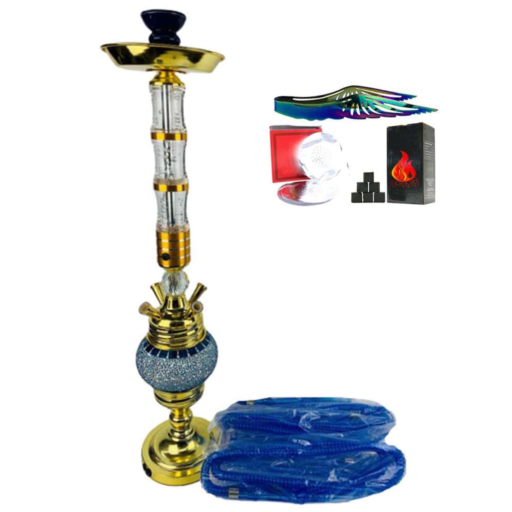 Juego Narguile Grande 28" con Luz LED Kit Narguile 4 Mangueras Cuenco Cerámica Carbón Pinzas para Carbón Papel Aluminio para Una Mejor Experiencia Fumar Shisha,Azul