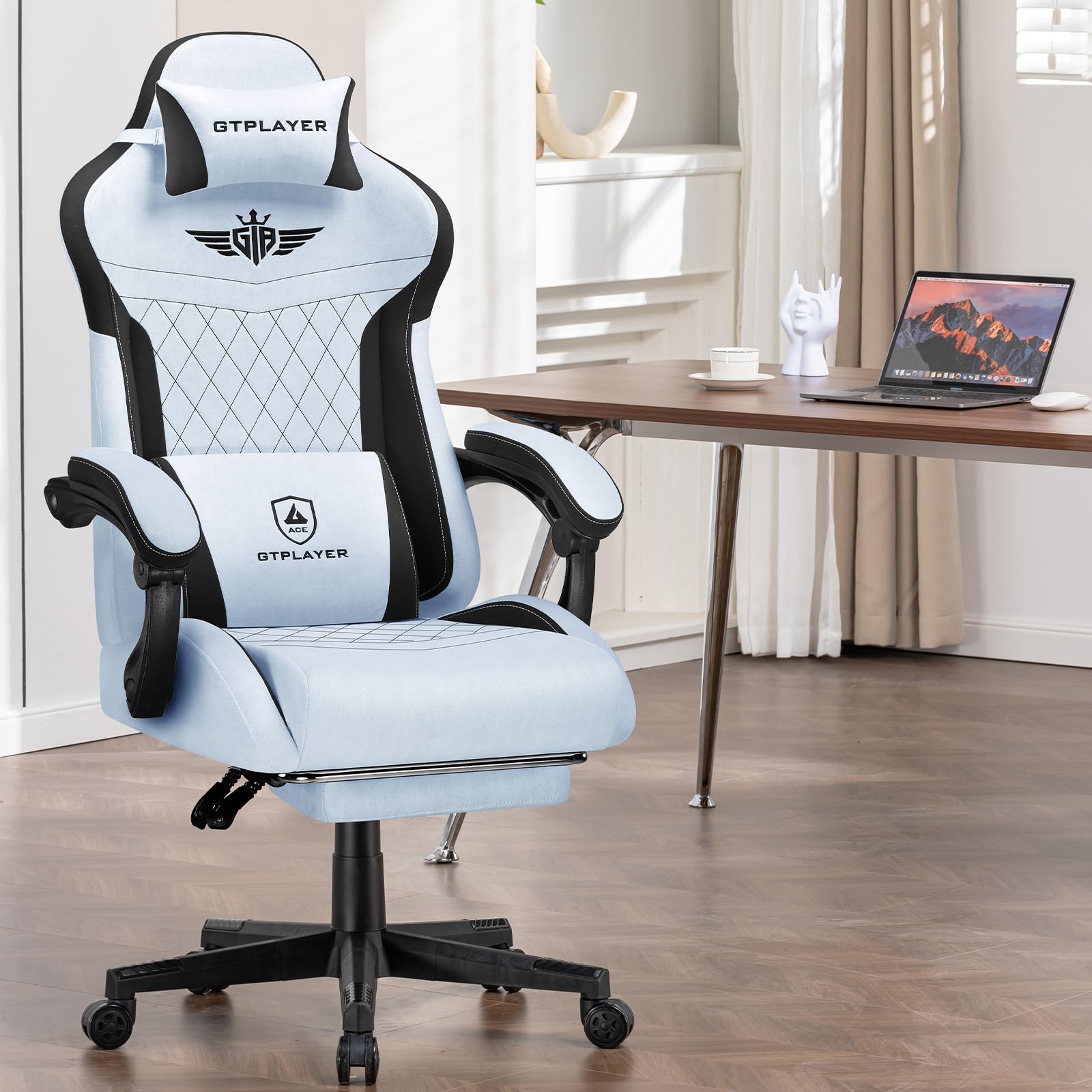 GTPLAYER Chaise de Jeu, Ergonomique, en Velours High-Tech, avec Soutien Lombaire - Chaise PC avec Dossier élargi - Charge maximale : 150 kg - Bleu Claire