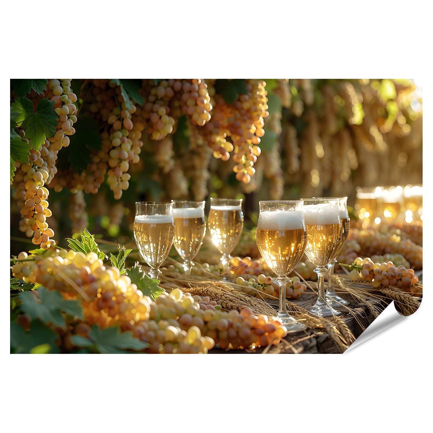 islandburner Prime XXL Poster con immagine di uva rossa e bianca appena raccolte accanto ai bicchieri di vino su vassoio di legno, cantina vino, commercio di vino, immagini di alta qualità