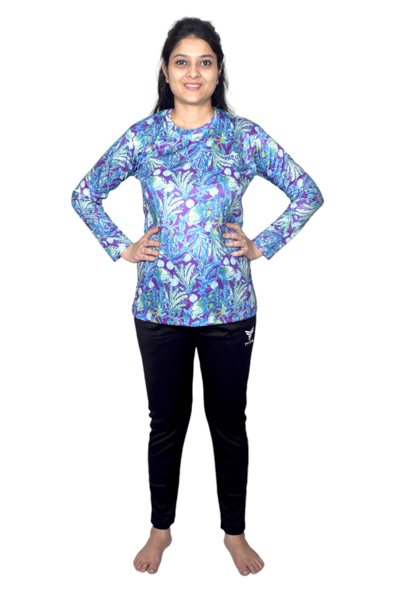 Spandex Boy's Regular Fit Tights with Full Sleeves Tshirt | Adjustable, Quick Drying Set for Swimming, WaterParks, Surfing & Other Sports - Black & Purple