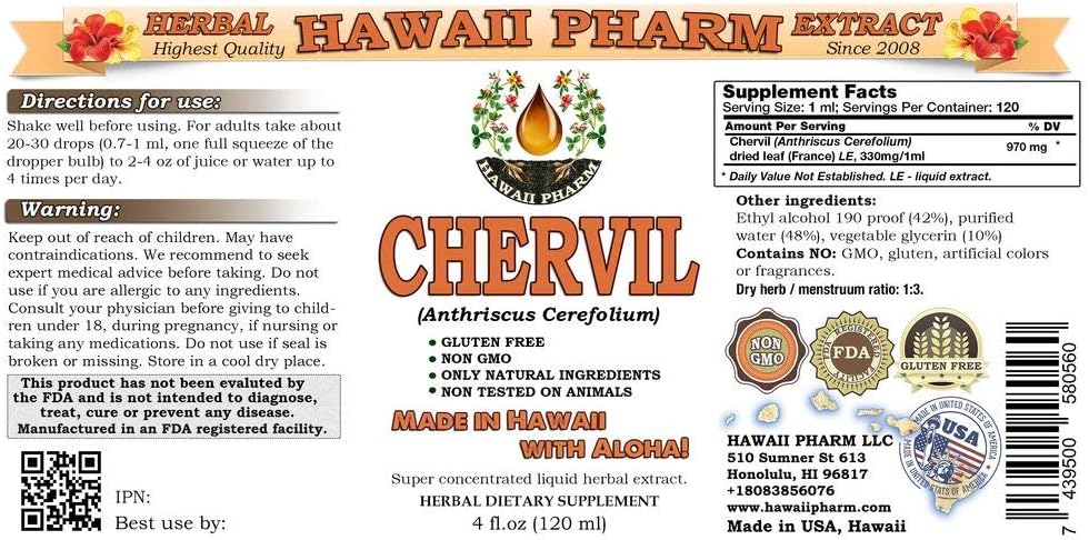 Hawaii Pharm Chervil Liquid Extract, Chervil (Anthriscus Cerefolium) Leaf Powder Tincture Supplement 4 oz
