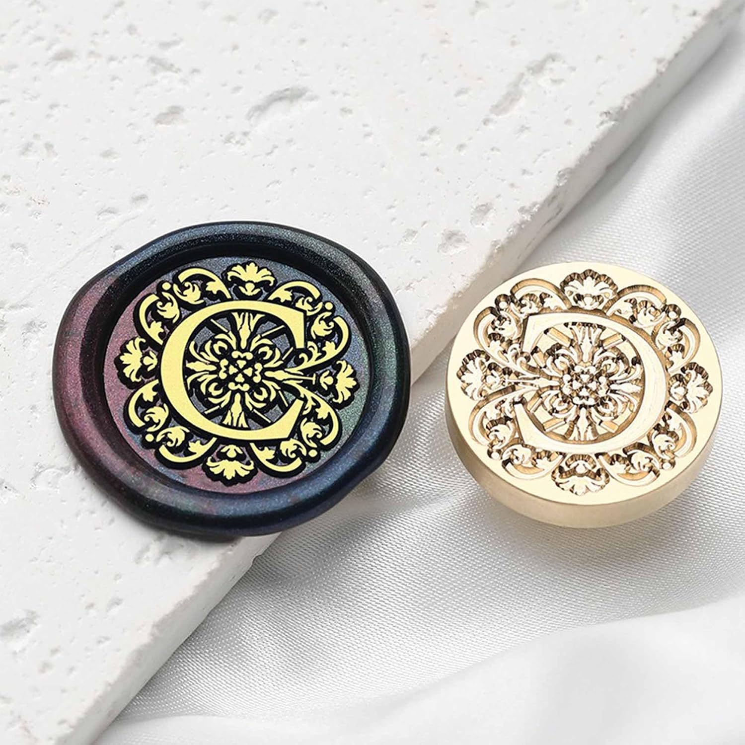 Letter Wax Seal Stamp Kit - Wax Stamp for Initial Sealing, 0.98 Inch/25mm Baroque Brass Seal, Alphabet Stamps with Handle (Letter C)