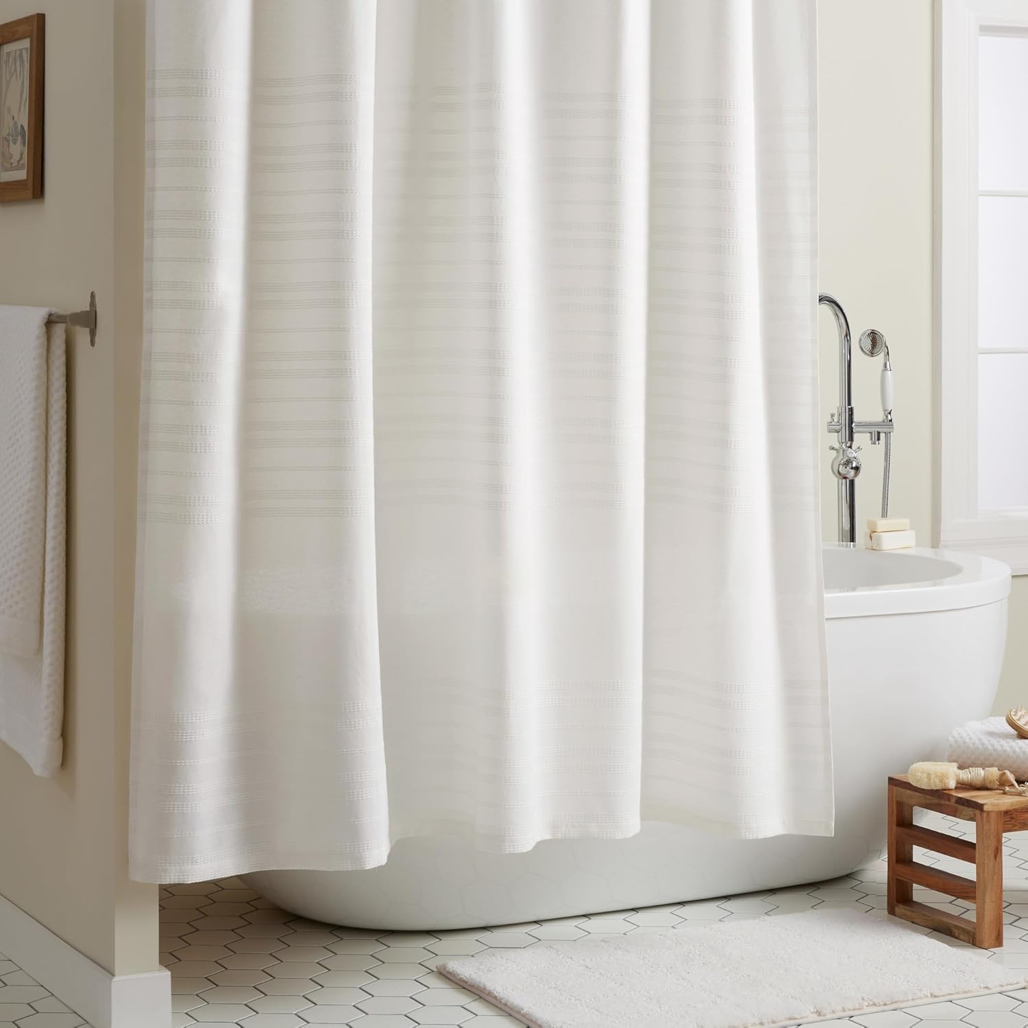 Town & Country Everyday Sophia Textured Solid Cotton-Rich Breathable Fabric Shower Curtain with Reinforced Buttonhole Top Hem, White, 70"x72"