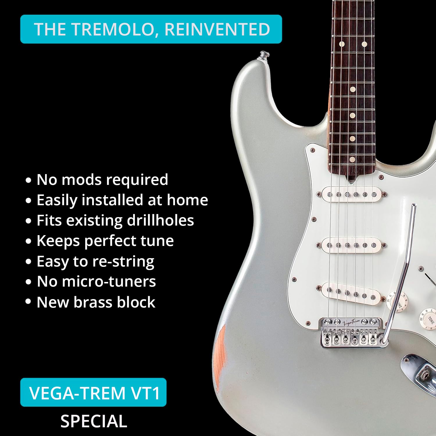 Vega-Trem VT1 Special Standard 6-Screw Strat Gitarre Tremolo Bridge für Strat No Mods Einfache Installation (Satin, rechts)