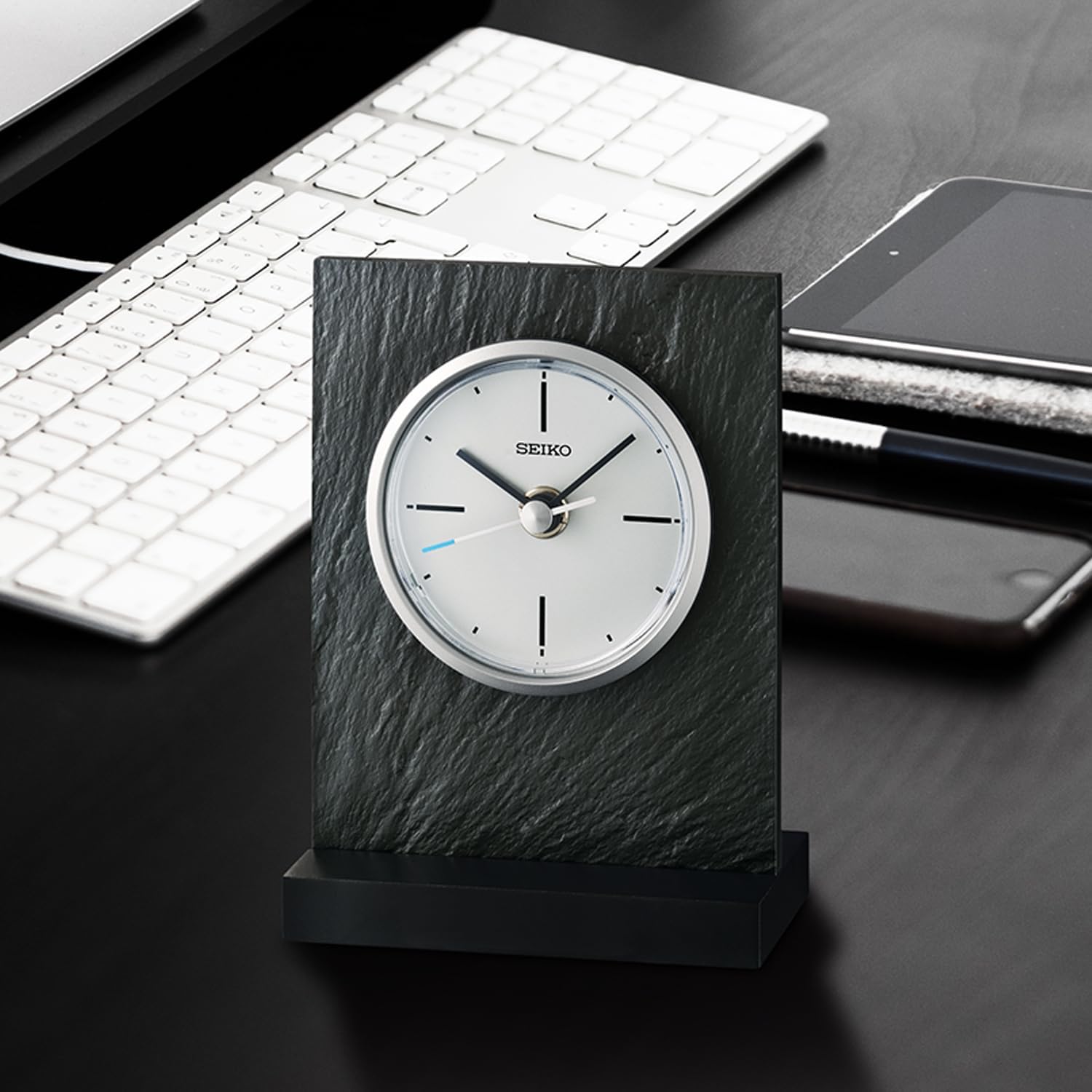 SEIKO QXG153NLH Faux Slate Non Ticking Desk Clock, Dark Gray, 6 x 4 Inches