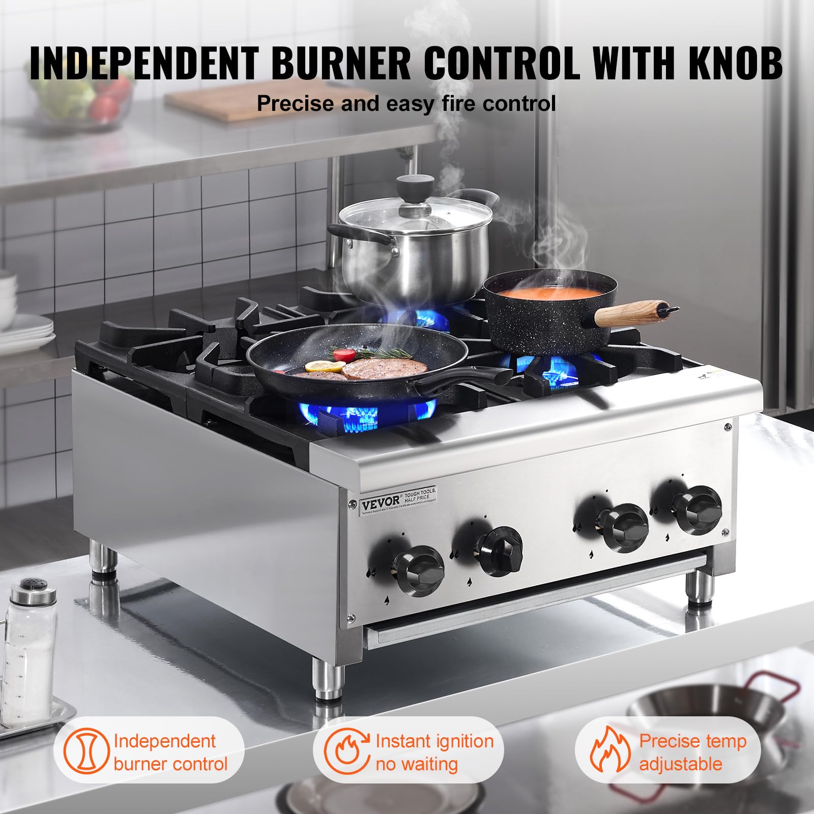 VEVOR Cuisinière à Gaz Commerciale avec 4 Brûleurs, Plaque de Cuisson de Comptoir au Propane et au Gaz Naturel, 28 kW, en Acier Inoxydable, Équipement de Cuisson Commercial pour Restaurant Domicile