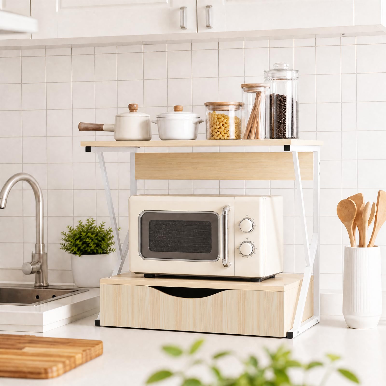 Mensola per Microonde Struttura in Metallo con Mensola in Legno MDF e Cassetto Organizzatore Porta Utensili da Cucina Design Moderno, 54x35x50 cm-Acero Bianco