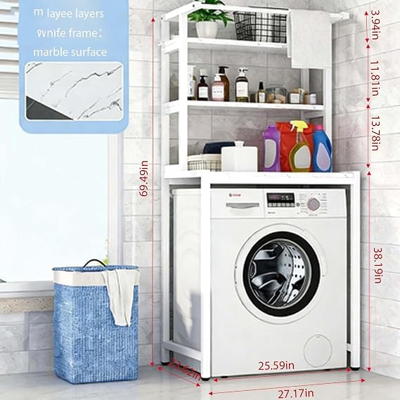Washing Machine Rack & Storage Cabinet, 3-Tier Over The Washer and Dryer Shelf with Hanging Rod for Bathroom & Laundry(C,White_Three Layers)