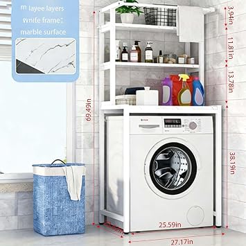 Washing Machine Rack & Storage Cabinet, 3-Tier Over The Washer and Dryer Shelf with Hanging Rod for Bathroom & Laundry(C,White_Three Layers)