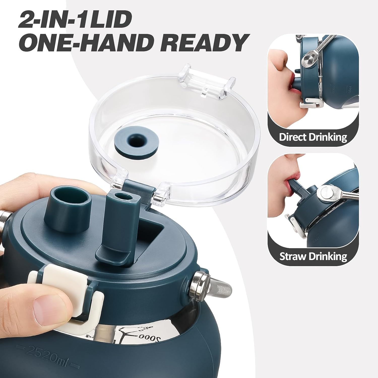 MUKOKO 84oz Glass Water Bottle with Time Marker and Silicone Sleeve 2.5L Water Jug with Stainless Steel Handle Gallon Drinking Bottle with 2-in-1 Lid Wide Mouth BPA Free, Dark Blue - Image 2