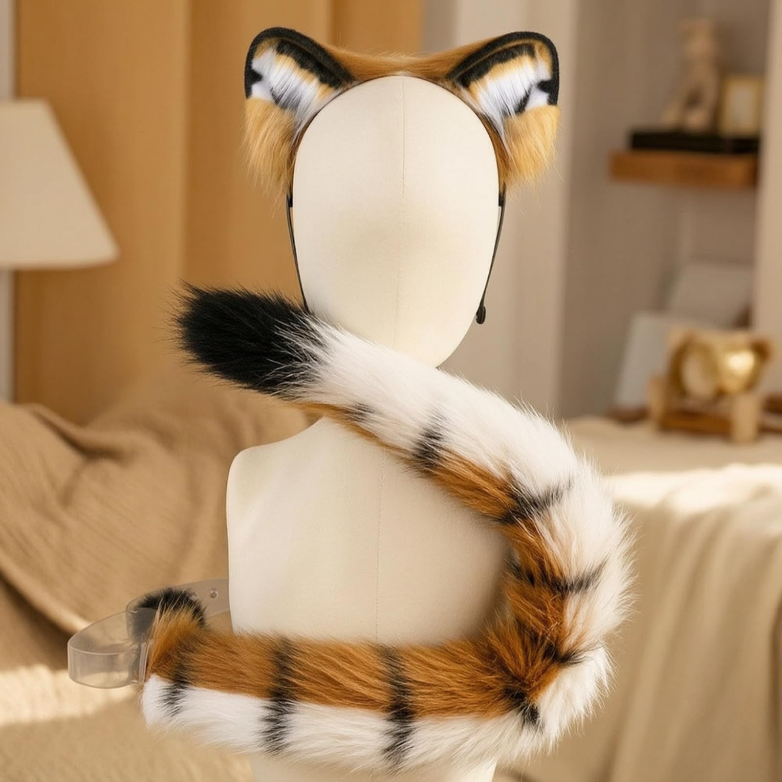 TISHITA Tiger Ohren Und Schwanz set Cosplay Haarreif Stirnband Haarband Haarschmuck mit Kunstfell Stoff Schwänzchen Weiches Material Verstellbar für Karneval