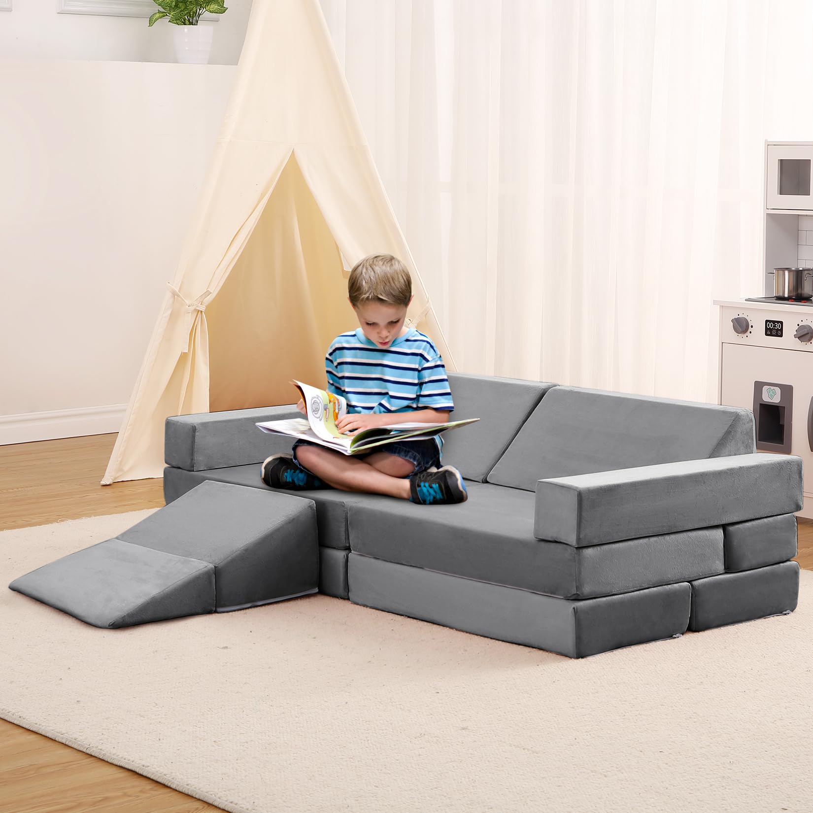 Canapé de Jeu modulable Enfant 12 pièces en Mousse Convertible – Blocs à Construire cabane/Tunnel/Toboggan + Coin Lecture – Housses en Velours lavables – canapé de Sol – Couleur : Gris