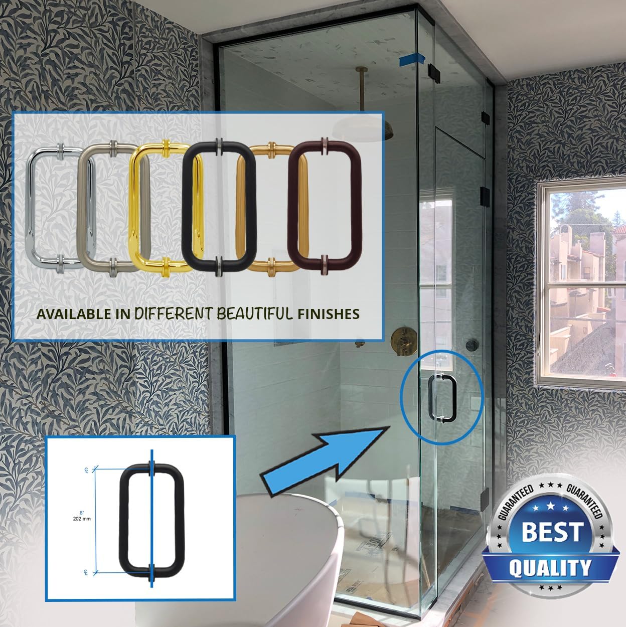 Tubular 8″ Length Back-to-Back Pull Handle, for Shower Door Replacement. for Commercial and Residential Glass Shower Doors 3/8 Inch to 1/2 Inch Thick. Solid Brass Tubing. Heavy Duty with washers