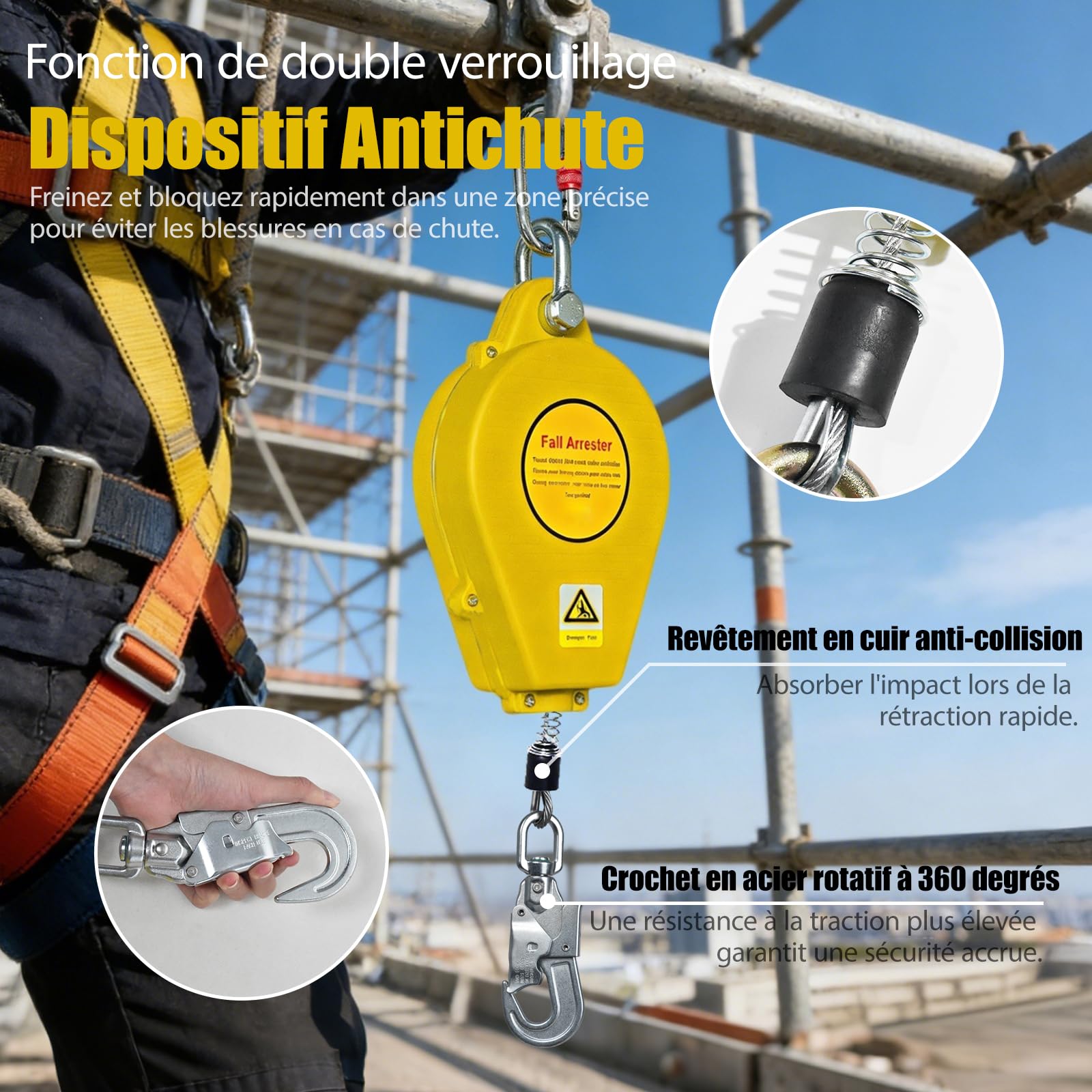 Stop Chute Automatique, Dispositif Antichute Automatique avec Mousqueton Rotatif, Stop Chute Toiture à Rappel Automatique Adapté aux Travaux en Hauteur et à l'Escalade(Giallo,10m)
