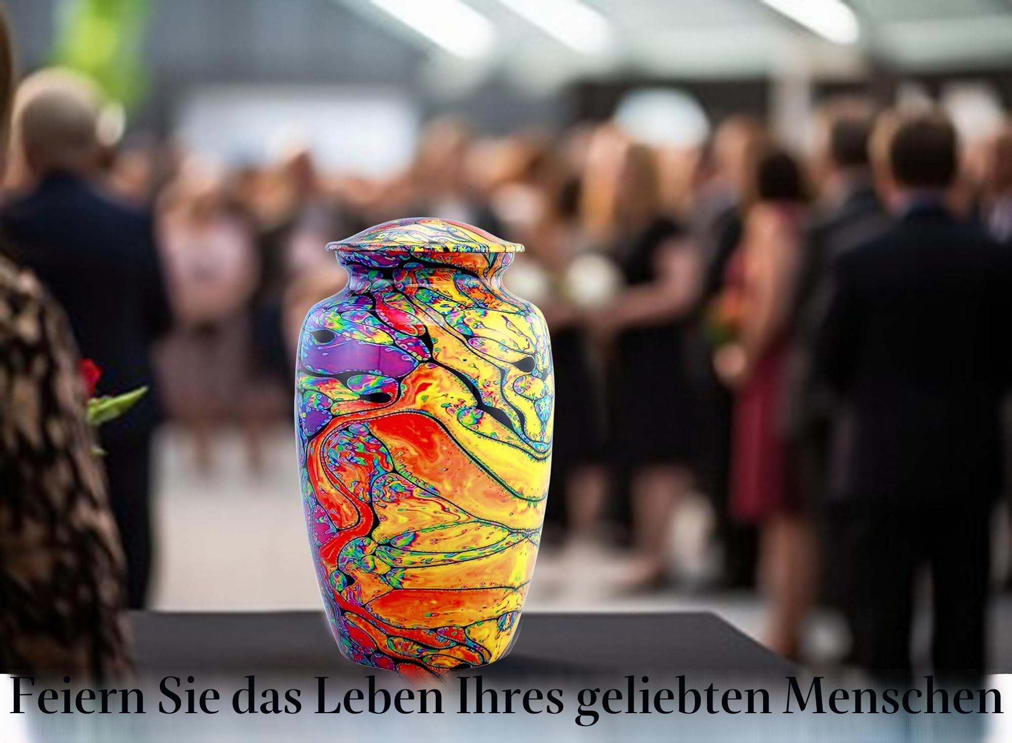 Moderne Druckurne – bunte, handgefertigte Batikurne – Farben des Lebens – Regenbogenurne – Beerdigungs- und Gedenkurne in voller Größe für menschliche Asche mit Samtbeutel