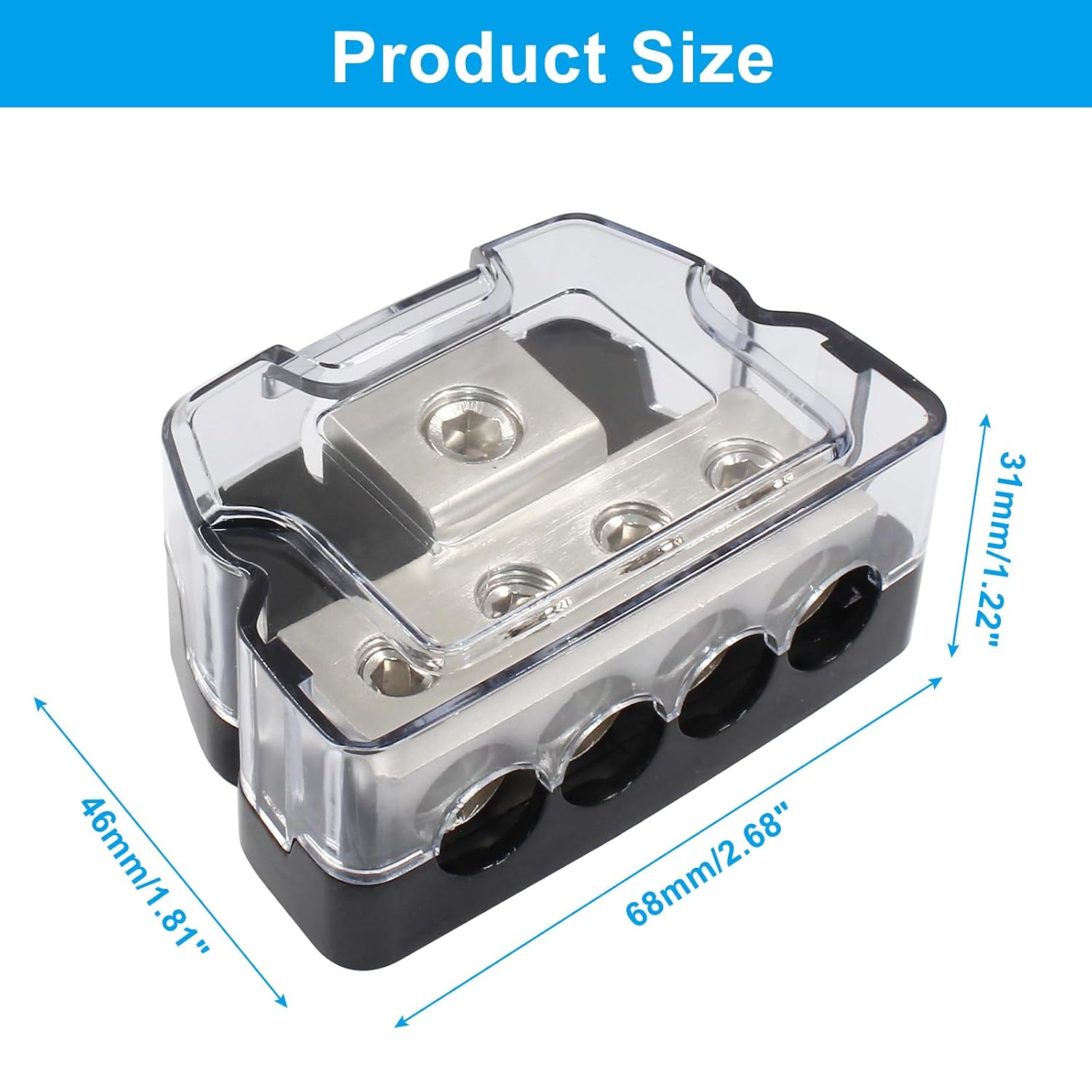 Bonsicoky 4 Way Amp Power Distribution Block, 0/2/4 Gauge in 4/8/10 Gauge Out Amp Distribution Block Splitter for Car Boat Audio(1 in 4 Out)