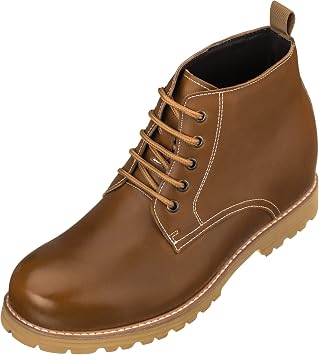 CALTO Mens Invisible Height Increasing Elevator Shoes - Brown Premium Leather Lace-up Round-toe Work Boots - 3.4 Inches Taller - S8751 - Size 9 DM US