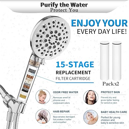 Miniatura 3 de DOILIESE Cabezal de ducha con 6 ajustes de mano, filtro de alta presión para agua dura, cabezal de ducha filtrado de 15 etapas con manguera para