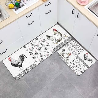 Chicken Kitchen Rugs Set of 2 Rustic Rooster Hen Floral Black Farm Animal Absorbent Non-Slip Kitchen Mats for Floor Cushioned Standing Carpet for Home, Office, Sink 20"x24"+20"x48"