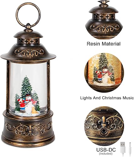 Miniatura 5 de Christmas Snow Globe Lantern Musical,6H Timer Cylinder Glitter Snow Globe,Bronze Snow Globes Christmas with Music Box Including 8 Songs,Lantern with