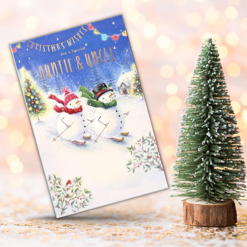 Weihnachtskarte Für Tante & Onkel – Mit Schneemännern & Welpe, Silber-glitzernd, Aus UK