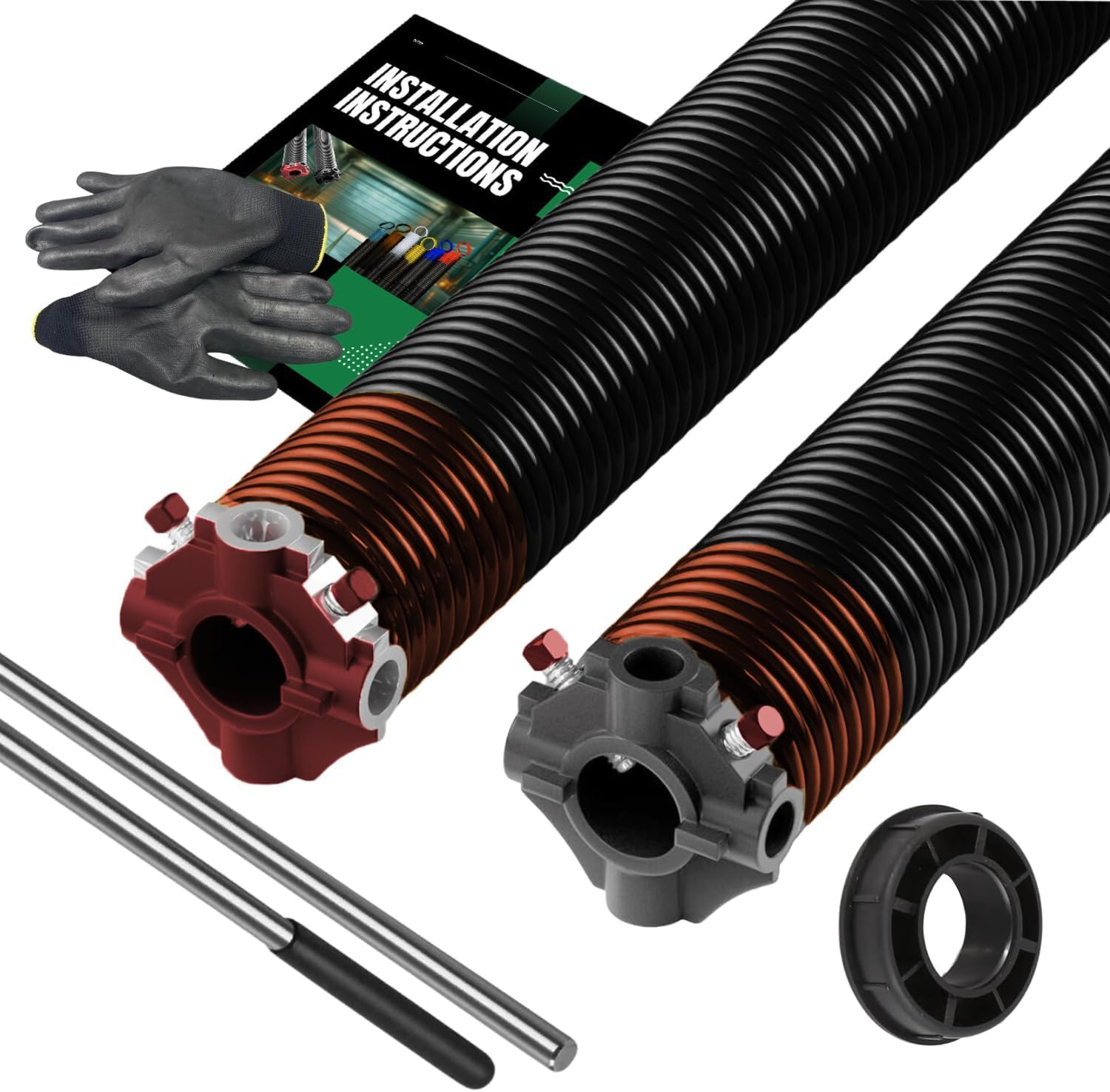 Pair of 2" Garage Door Torsion Springs (0.192x2"x24") with Non-Slip Winding Bars, Gloves, & 1" Nylon Bushing, Heavy-Duty Steel, Rust & Weather-Resistant Electrophoretic Coating, Up to 40,000 Cycles