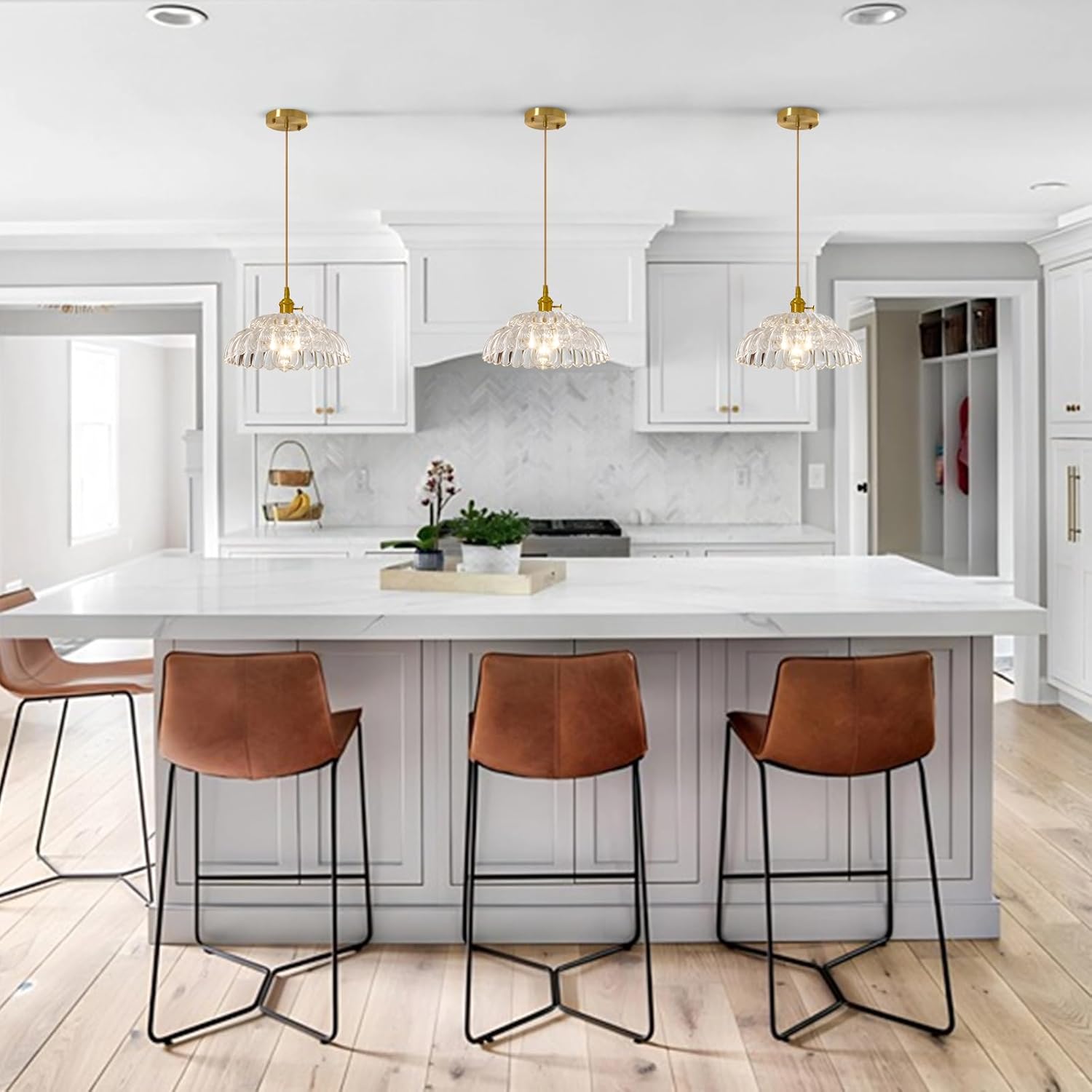 Clear Glass Pendant Light with Striped Shade, Adjustable Brass Vintage Hanging Light Fixture for Kitchen Island Sink Dining Room Ceiling Hallway Lighting