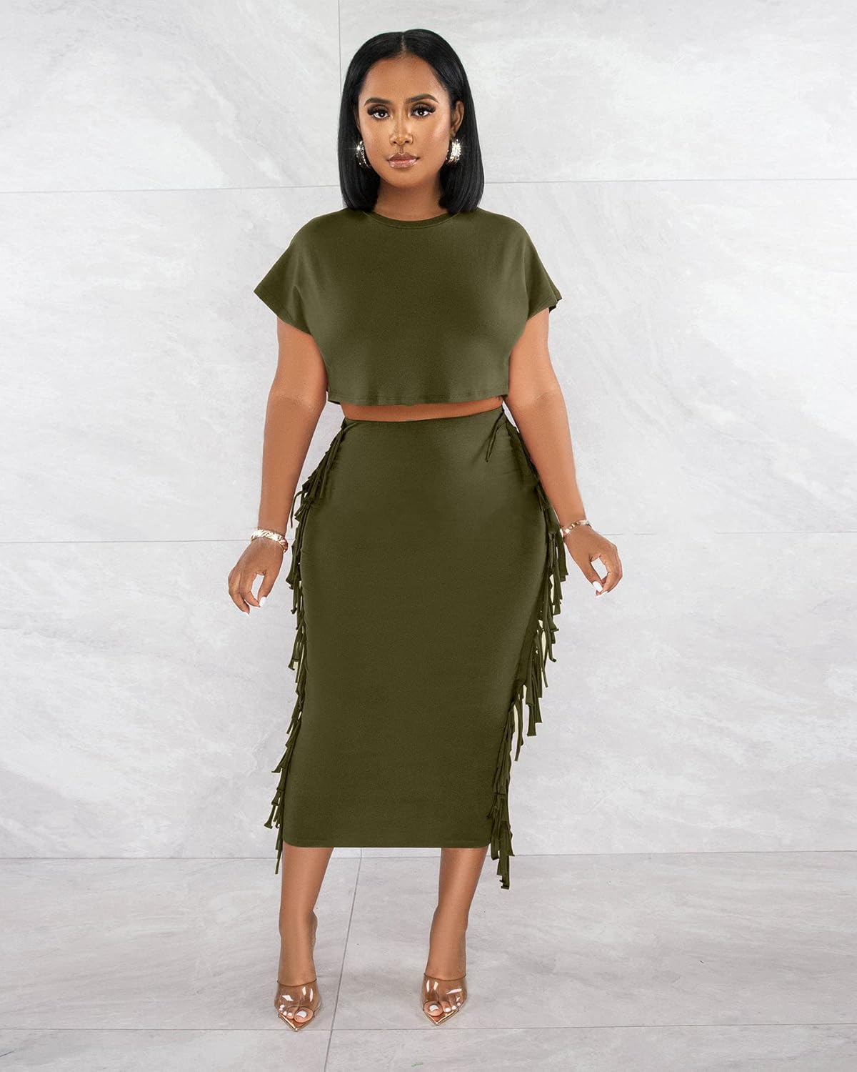 YUEWOO 2 Piece Outfits for Women Sexy Crop Top Ruched Bodycon Maxi Dresses Fringe Skirt Sets Night Club Jumpsuits