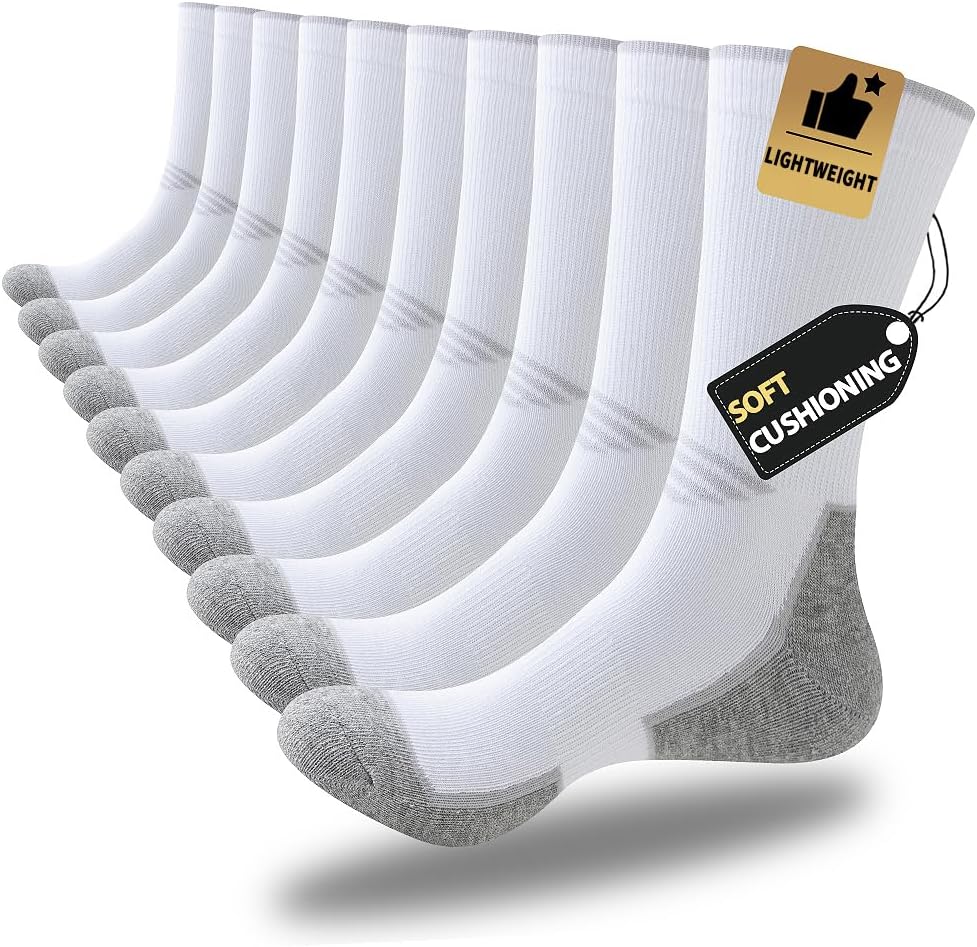 JOYNÉE 5/10 Pairs Mens Lightweight Athletic Crew Socks Cushioned Breathable Long Socks for Sports Running