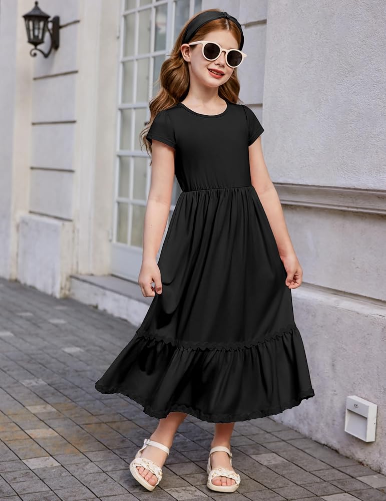 Arshiner Girls Summer Maxi Dresses Short Sleeve Casual Flowy Tiered Black Dress with Pockets for 4-5Y Years: Clothing, Shoes & Jewelry